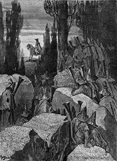 3780006 Baron Munchausen: Highwaymen / brigands, by Dore. by Dore, Gustave (1832-83); (add.info.: The Surprising Adventures of Baron Munchausen: Highwaymen / brigands prepare to rob Baron Munchausen, engraving by Gustave Dore. In Loretto, near Rome, Italy, the highwaymen / brigands lie in wait to rob Baron Munchausen. Drawn by Gustave Dore, French artist, b January 6, 1832 - January 23, 1883. Engraved by Pannemaker. Dore illustrated Theophile Gautier son s French edition of The Surprising Adventures of Baron Munchausen, by Rudolf Erich Raspe, German writer, scientist and librarian, b 1736 - 1794.
From Cassell s Dore s Gallery by Edmund Ollier, published Cassell & Company, Ltd. p. 102.); Lebrecht History Baron Munchausen: Highwaymen / brigands, by Dore