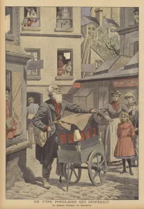 Barrel organ player on the streets of Paris (colour litho) Barrel organ player on the streets of Paris (colour litho)