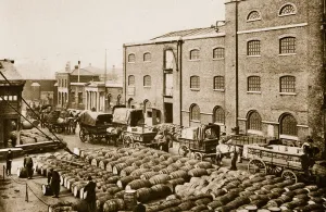 Barrels of molasses in the West India Docks (sepia photo) Barrels of molasses in the West India Docks (sepia photo)