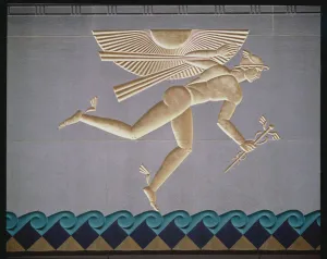 Bas-relief depicting Mercury from the exterior of one of the 14 buildings, built 1931-40 Bas-relief depicting Mercury from the exterior of one of the 14 buildings, built 1931-40