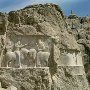 Two bas-reliefs, the left with the investiture of Bahram I (r Two bas-reliefs, the left with the investiture of Bahram I (r