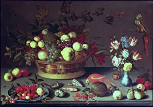 A Basket of Grapes and other Fruit (oil on panel)