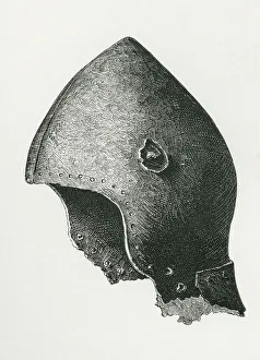 Middle Gallery: Bassinet with screw fastening for the ventail, said to have belonged to Guy, Earl of Warwick, c