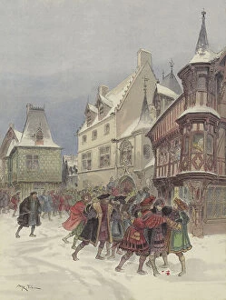 Medical Science Gallery: Bataille de neige a Romorantin, le roi blesse a l assaut de la maison de Saint-Pol (colour litho)