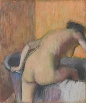 Edgar Degas Gallery: Bather Stepping into a Tub, c.1890 (pastel and charcoal on blue laid paper mounted