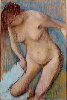 After bathing Naked woman wiping her right thigh. Pastel painting by Edgar Degas After bathing Naked woman wiping her right thigh. Pastel painting by Edgar Degas