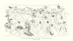 Battle between ancient Greek gods and the Titans (litho) Battle between ancient Greek gods and the Titans (litho)