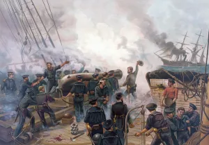 Battle of Cherbourg, pub. L Prang & Co. 1887 (colour litho) Battle of Cherbourg, pub. L Prang & Co. 1887 (colour litho)