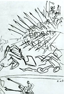 The Battle of the Lake, sketch of a scene from the film Alexander Nevsky, 1938 (pen & ink on paper) (b/w photo)