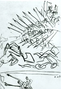 The Battle of the Lake, sketch of a scene from the film Alexander Nevsky, 1938 (pen & ink on paper) (b/w photo) The Battle of the Lake, sketch of a scene from the film Alexander Nevsky, 1938 (pen & ink on paper) (b/w photo)