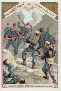 Battle of Melouna, Greco-Turkish War, 18 April 1897 (chromolitho) Battle of Melouna, Greco-Turkish War, 18 April 1897 (chromolitho)
