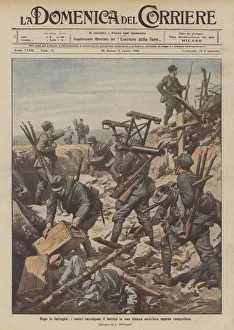 Corpses Gallery: After the battle, our people collect the loot in a newly conquered Austrian trench (colour litho)