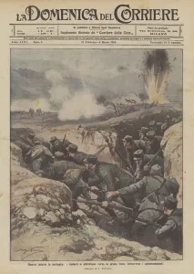 As the battle rages, reinforcements rush towards the front line, across the walkways (colour litho) As the battle rages, reinforcements rush towards the front line, across the walkways (colour litho)