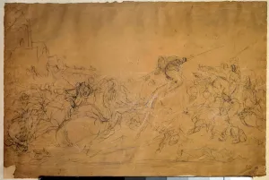 Battle Scene Drawing on Salmon Paper by Eugene Delacroix (1798-1863) 19th century Sun. 0 Battle Scene Drawing on Salmon Paper by Eugene Delacroix (1798-1863) 19th century Sun. 0