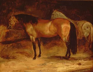 A Bay Horse at a manger, with a grey horse in a rug A Bay Horse at a manger, with a grey horse in a rug