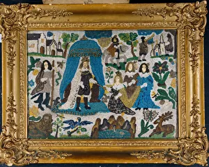 A bead and raised work panel depicting Esther and Ahasuerus A bead and raised work panel depicting Esther and Ahasuerus