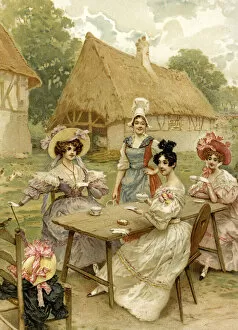 Beautiful rich women taking tea at a farm. (chromolitho)