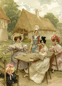 Beautiful rich women taking tea at a farm. (chromolitho) Beautiful rich women taking tea at a farm. (chromolitho)