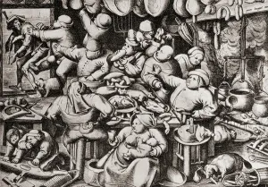 Beggar being thrown out of a rich man's kitchen, in the 16th century (engraving) Beggar being thrown out of a rich man's kitchen, in the 16th century (engraving)