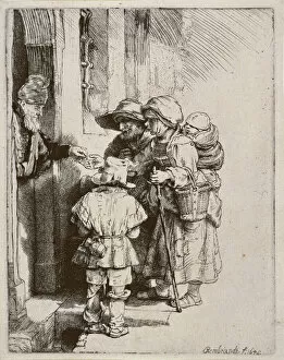 Impoverished Gallery: Beggars receiving alms at the door of a house, 1648 (drypoint engraving)