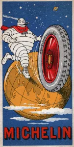 Bibendum, the Michelin man with a tire around the earth globe. circa 1930 (illustration) Bibendum, the Michelin man with a tire around the earth globe. circa 1930 (illustration)