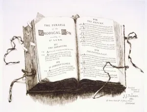 A bible open at the Parable of the Prodigal Son, 1881 9etching) A bible open at the Parable of the Prodigal Son, 1881 9etching)