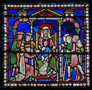 Detail from one of the Bible Windows depicting the adoration of the Magi Detail from one of the Bible Windows depicting the adoration of the Magi