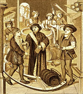 Medieval Period Collection: The Bishop of Tournai receiving the tithe of beer in tournai, 15th century (engraving)