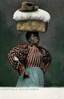 Black girl with a basket of linen, topped by a hat, on her head (photo)