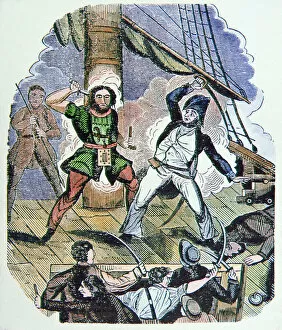 Blackbeard's last fight (coloured engraving)