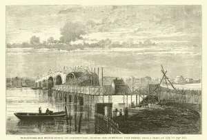 Blackfriars Old Bridge during its construction, showing the temporary foot bridge, from a print of 1775 (engraving) Blackfriars Old Bridge during its construction, showing the temporary foot bridge, from a print of 1775 (engraving)