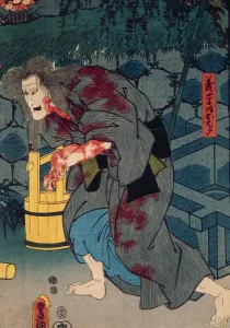 The blood stained witch - figure from Japanese theatre, 1852 (colour woodblock print) The blood stained witch - figure from Japanese theatre, 1852 (colour woodblock print)