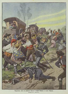 Corpses Gallery: Bloody fight between French gendarmes and Andalusian gypsies, in Lunel (France) (colour litho)
