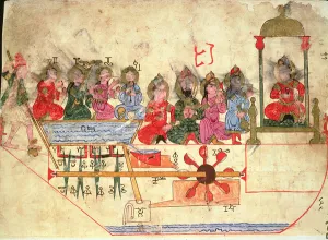 Boat with Automata, illustration from Book of Knowledge of Mechanical Devices' Boat with Automata, illustration from Book of Knowledge of Mechanical Devices'