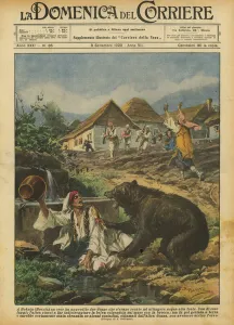 In Bokain (Bosnia) a bear attacked two women who had gone to draw water from the source (colour litho) In Bokain (Bosnia) a bear attacked two women who had gone to draw water from the source (colour litho)
