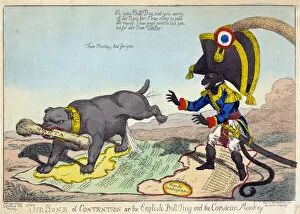Cockade Gallery: THE BONE OF CONTENTION OR THE ENGLISH BULLDOG AND THE CORSICAN MONKEY, 1803 (engraving)