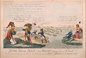 Admiral Nelson Gallery: Boney Beating Mack - And Nelson Giving Him a Whack!, 1805 (coloured etching)