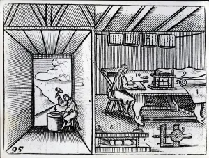 Bookbinding, illustration from the Orbis Sensualium Pictus by John Amos Comenius Bookbinding, illustration from the Orbis Sensualium Pictus by John Amos Comenius