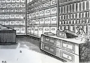Bookshop, illustration from Orbis Sensualium Pictus by John Amos Comenius, published c Bookshop, illustration from Orbis Sensualium Pictus by John Amos Comenius, published c
