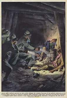 2778204 Some border soldiers, a gap opened in the avalanche that blocked the access to a tunnel (colour litho) by Beltrame, Achille (1871-1945); Private Collection; (add.info.: Some border soldiers, having opened a gap in the avalanche that blocked the access to a mining tunnel in Val d'Aosta, found three miners asphyxiated by the exhalations of a stove. Regardless of the deadly atmosphere, the brave soldiers have extracted the now inert bodies of the workers, managing to snatch two of them at death. Illustration for Courier Sunday, 12 November 1933.); © Look and Learn Some border soldiers, a gap opened in the avalanche that blocked the access to a tunnel (colour litho)