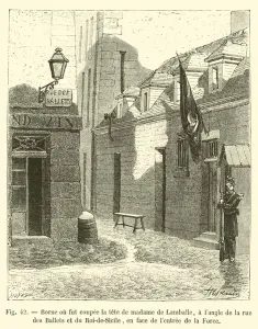 Borne ou fut coupee la tete de madame de Lamballe, a l'angle de la rue des Ballets et du Roi-de-Sicile Borne ou fut coupee la tete de madame de Lamballe, a l'angle de la rue des Ballets et du Roi-de-Sicile