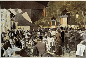 The boulevards on election night cafe terrace. From a painting by Osvaldo Tofani