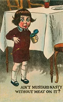 Boy eating mustard (colour litho)