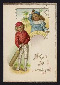 Boy and girl playing cricket, greetings card, late 19th or early 20th Century (chromolitho) Boy and girl playing cricket, greetings card, late 19th or early 20th Century (chromolitho)