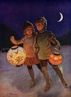 Boy and girl skating with fairy lanterns at night (colour litho) Boy and girl skating with fairy lanterns at night (colour litho)