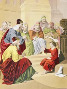 The boy Jesus debating with priests and teachers in the temple (colour litho) The boy Jesus debating with priests and teachers in the temple (colour litho)