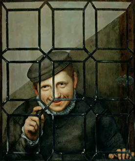 A Boy Looking through a Casement Window (oil on panel)