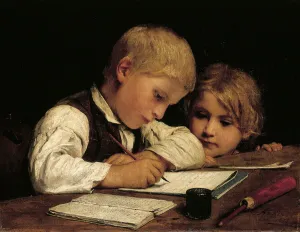 A Boy Writing; Schreibender Knabe Mit Schwesterchen, 1875 (oil on canvas) A Boy Writing; Schreibender Knabe Mit Schwesterchen, 1875 (oil on canvas)