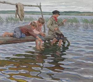 Boys Fishing off a Pier, (oil on canvas)