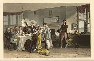 Breakfast Room of the Old Bell Inn, Scarborough. Guests drinking coffee, reading newspapers, eating breakfast in a Regency room. Handcoloured copperplate engraving by Thomas Rowlandson, aquatint by J. Bluck, after a sketch by J